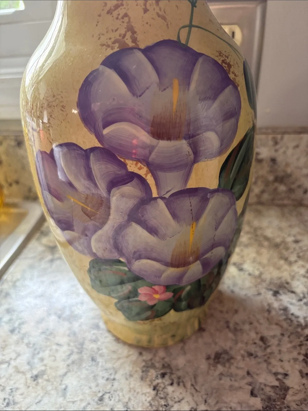Hand-Painted Floral Ceramic Vase in Yellow with Purple Flowers